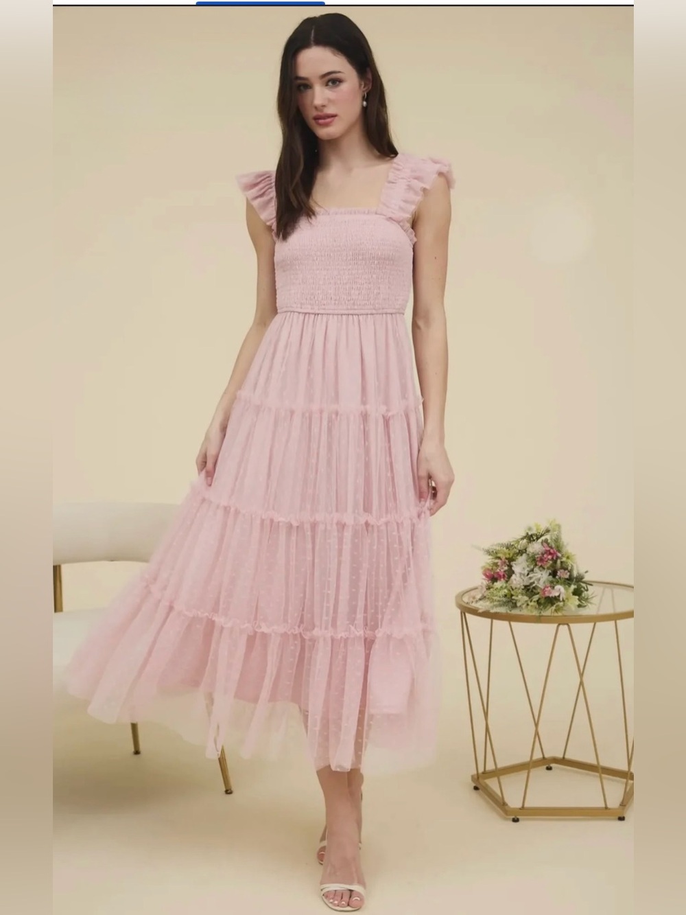 Ruffled Smocked Dress in Soft Pink